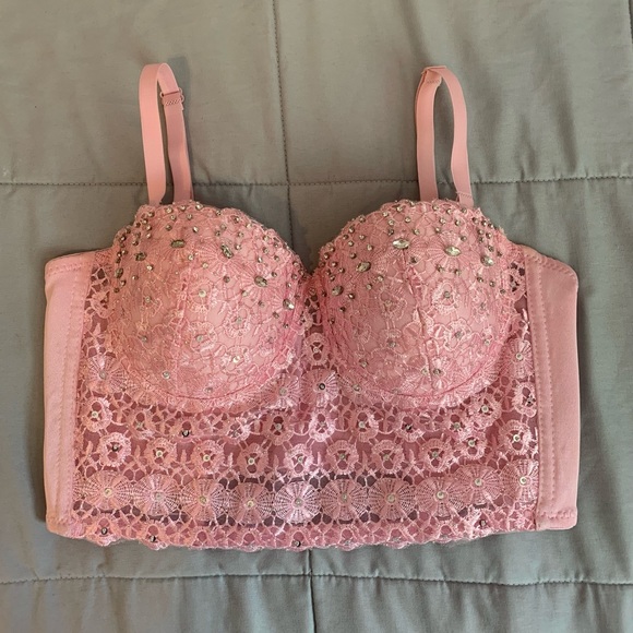 Lace Rhinestone Bustier Crop Top | Light Pink - Picture 2 of 4